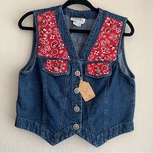 Vintage Western Denim Vest with Red Bandana Accents